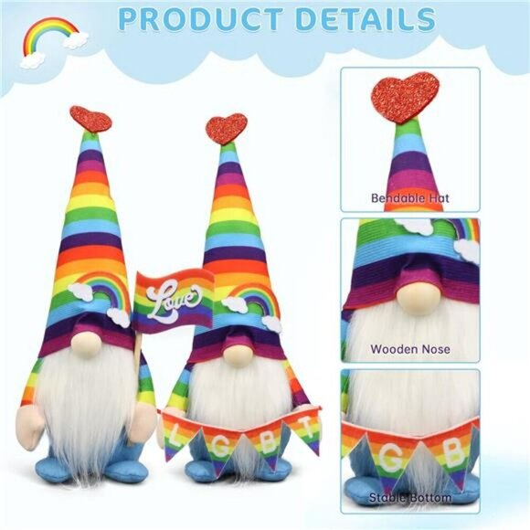 Pride Rainbow Gnome Plush Set LGBTQ Decor Gay Lesbian Gifts Home Office Shelf - Picture 4 of 8